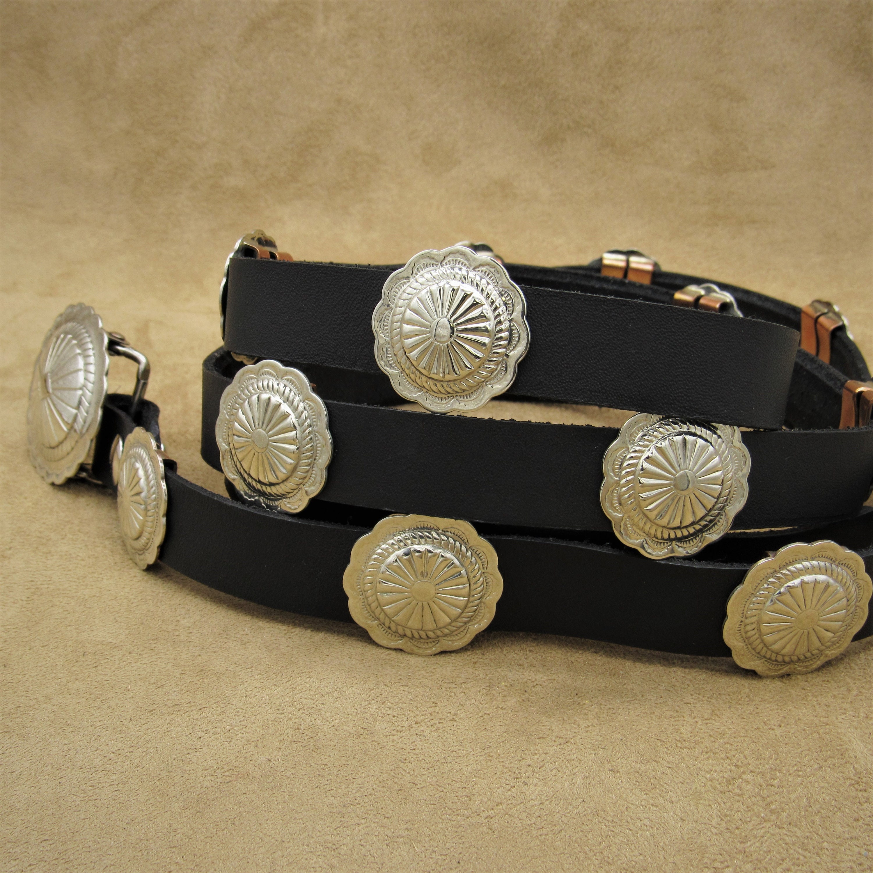 Handmade Nickel Southwest Concho Belt on Black Leather - Etsy display picture 1
