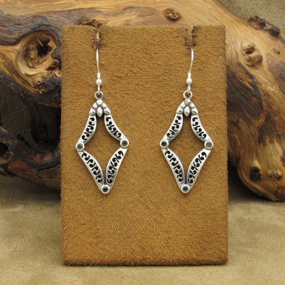 Sterling Silver Dangle Diamond Shape Earrings wit… - image 1