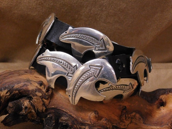 Vintage Sterling Silver Bear Concho Belt on Black… - image 1