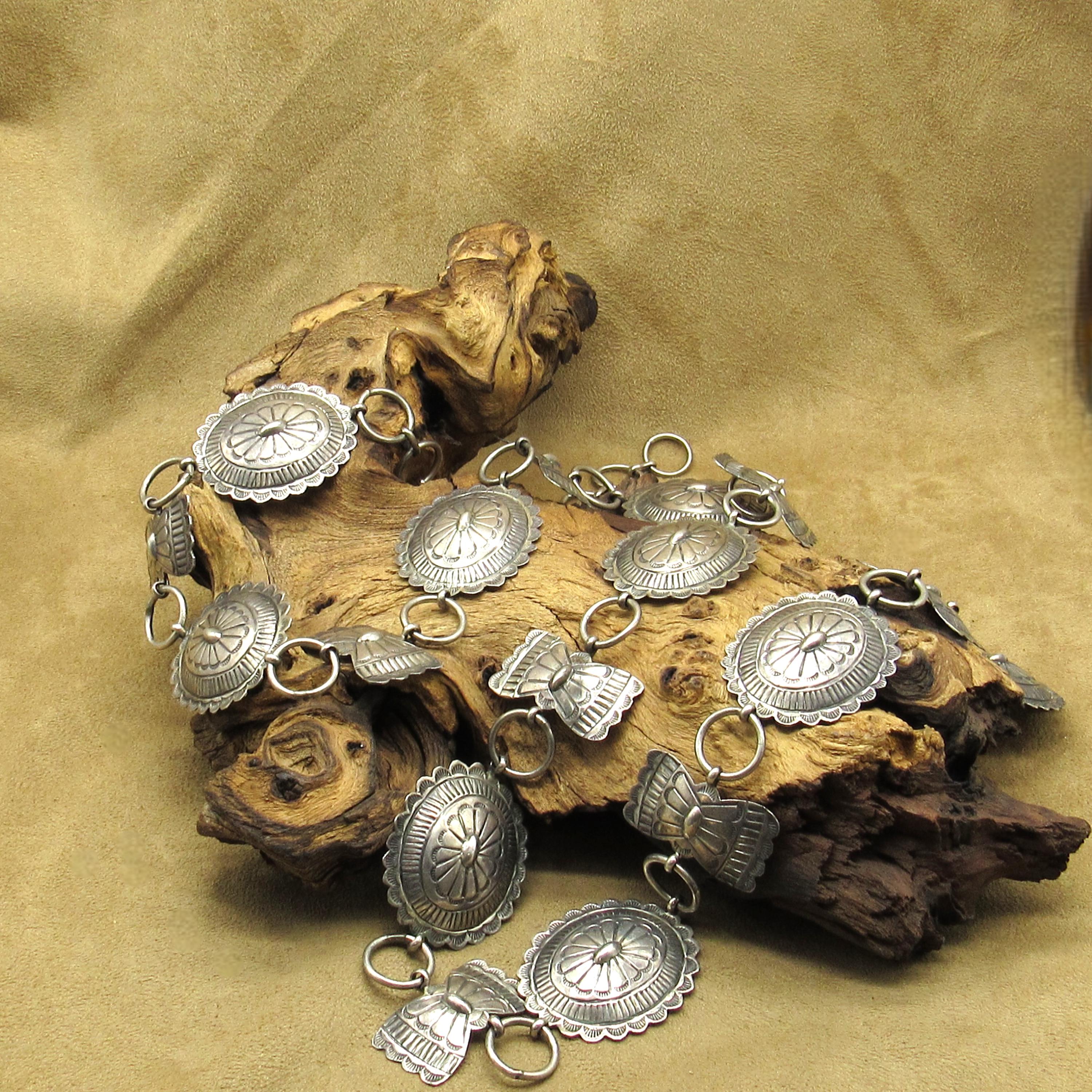 Vintage Sterling Silver Concho Link Belt 30” with Ornate Buckle 1920s 1930s NAVAJO Third Phase 3 CONCHO BELT Coin Silver  main image 3