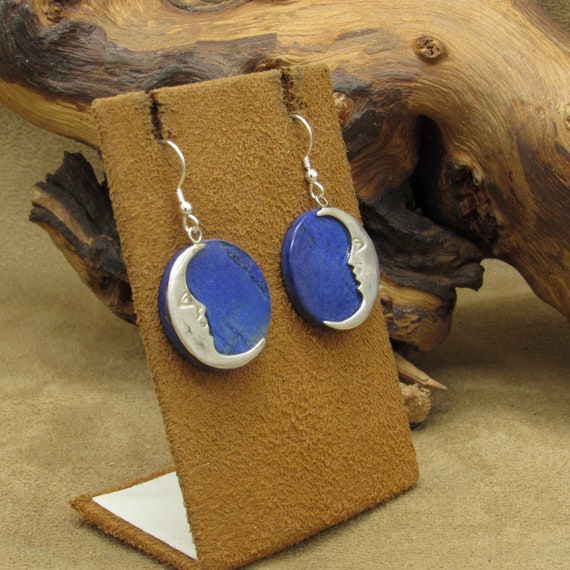 Sterling Silver and Lapis Moon Design Dangle Earr… - image 2