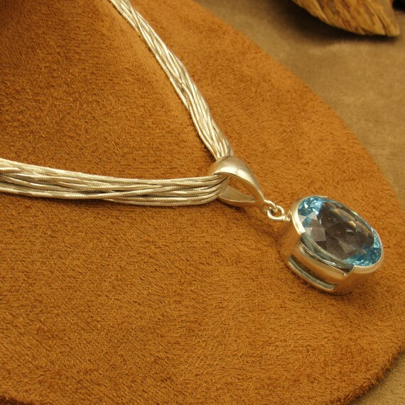 Sterling Silver Large Faceted Blue Topaz Pendant … - image 3