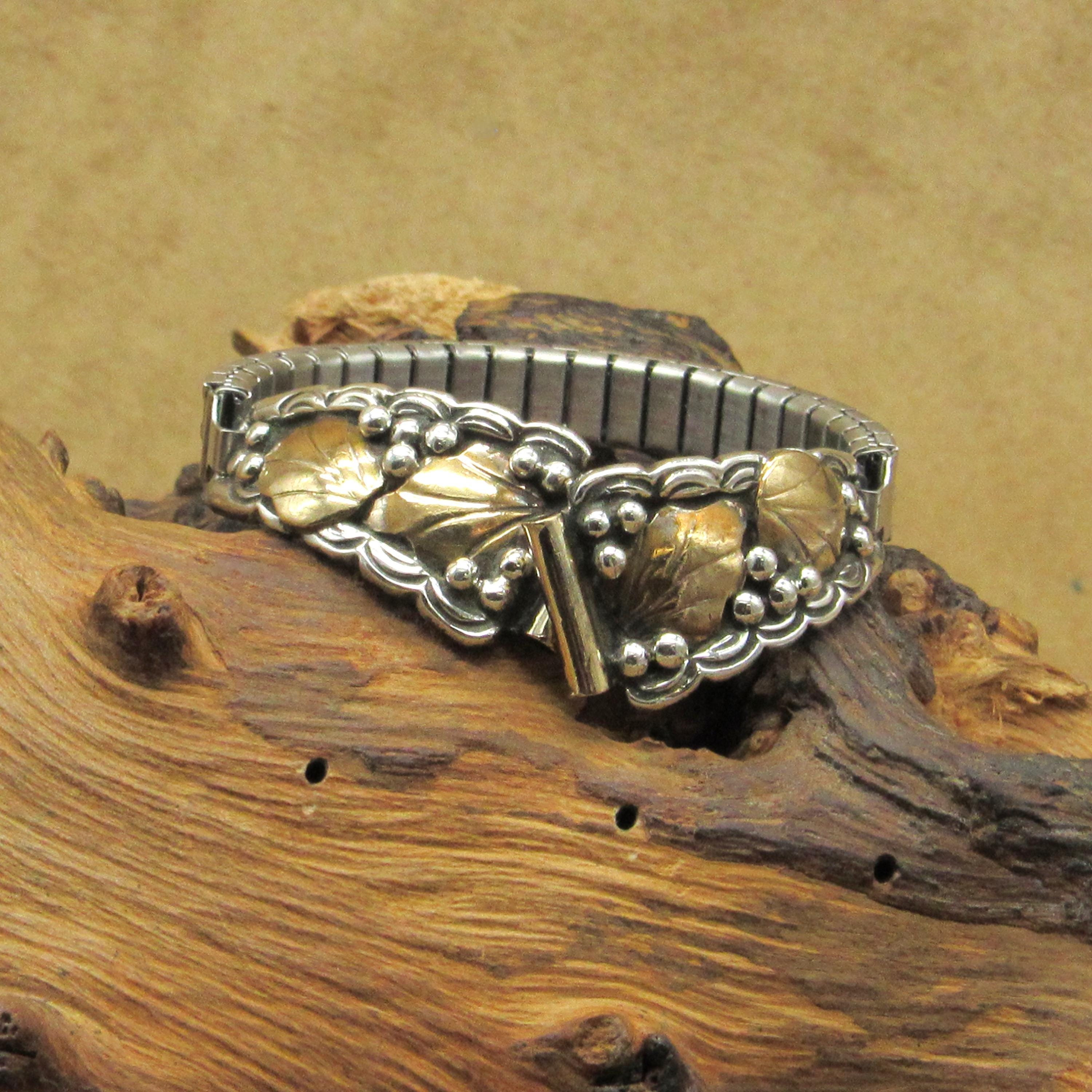 Gold and Silver Watch Band with Leaf Design Automic Gold Thick Leaves Band | Sustainable Fine Jewelry main image 4