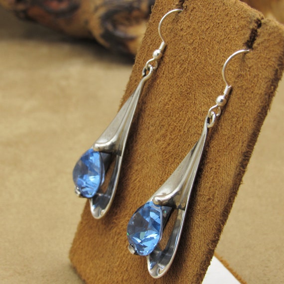 Sterling Silver Dangle Wire Earrings with Blue Fa… - image 4