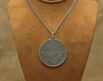 Vintage Sterling Silver Aztec Calendar Pendant on Sterling Silver Chain
