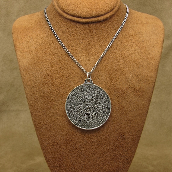 Vintage Sterling Silver Aztec Calendar Pendant on… - image 1