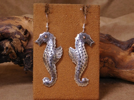 Vintage Sterling Silver Sea Horse Dangle Earrings - image 1