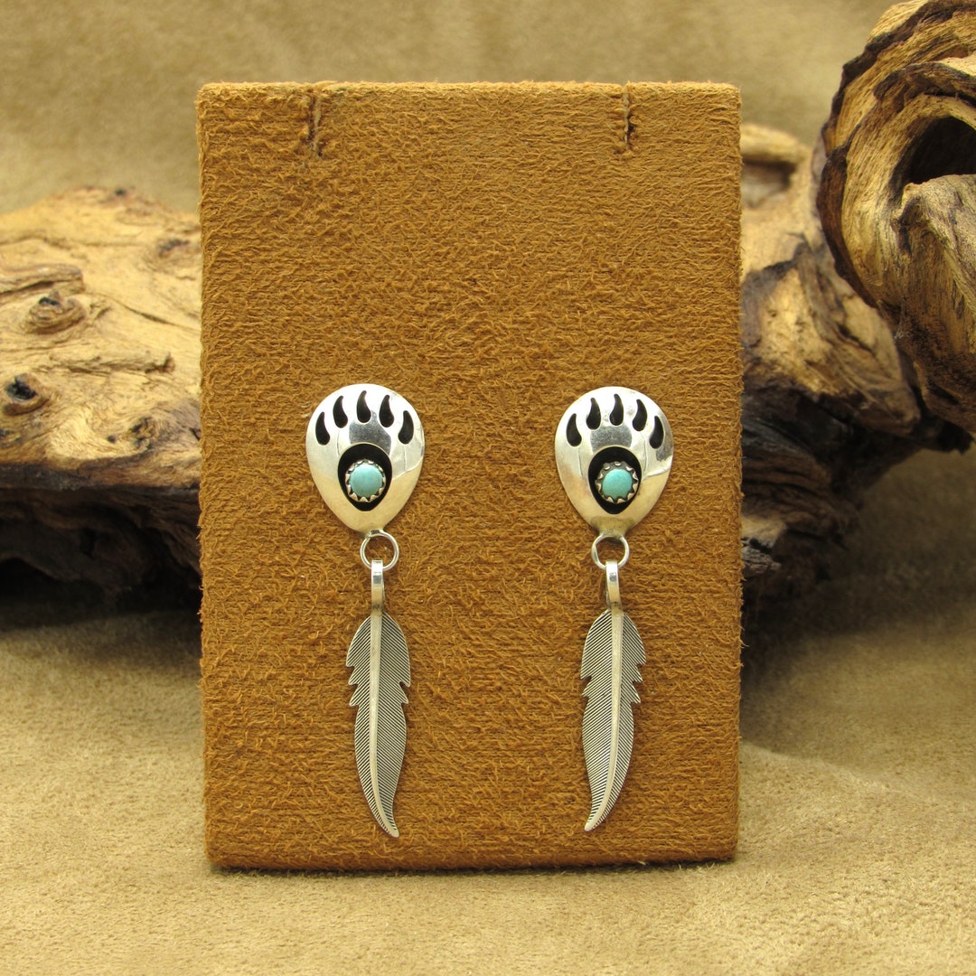 Vintage Sterling Silver Shadowbox Turquoise Bear Paw Feather Dangle ...