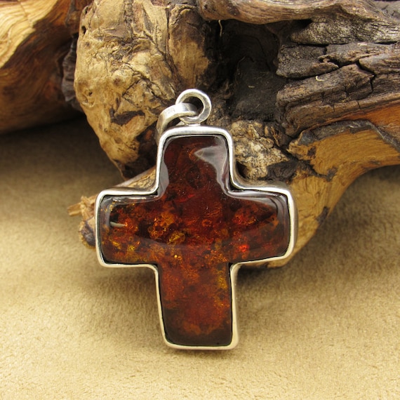 Sterling Silver and Amber Cross Pendant - image 1