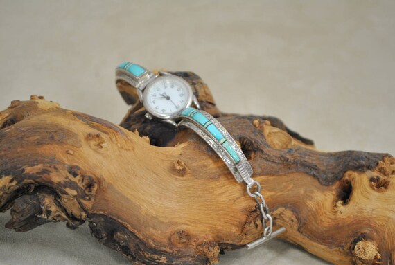 Navajo Made Inlay Turquoise, Jet and Opal Watch B… - image 4