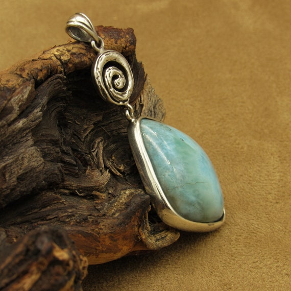 Sterling Silver and Larimar Pendant with Spiral D… - image 2