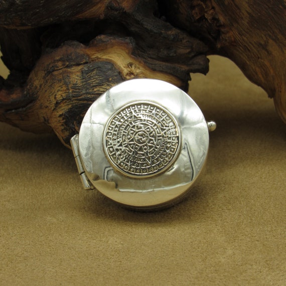 Sterling Silver Aztec Calendar Pill Box from Mexi… - image 1
