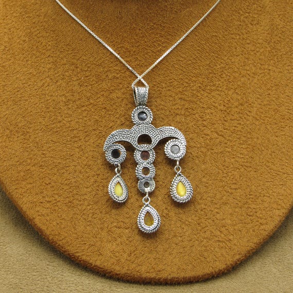 Sterling Silver Dangle Pendant Multi-Colored Ambe… - image 5