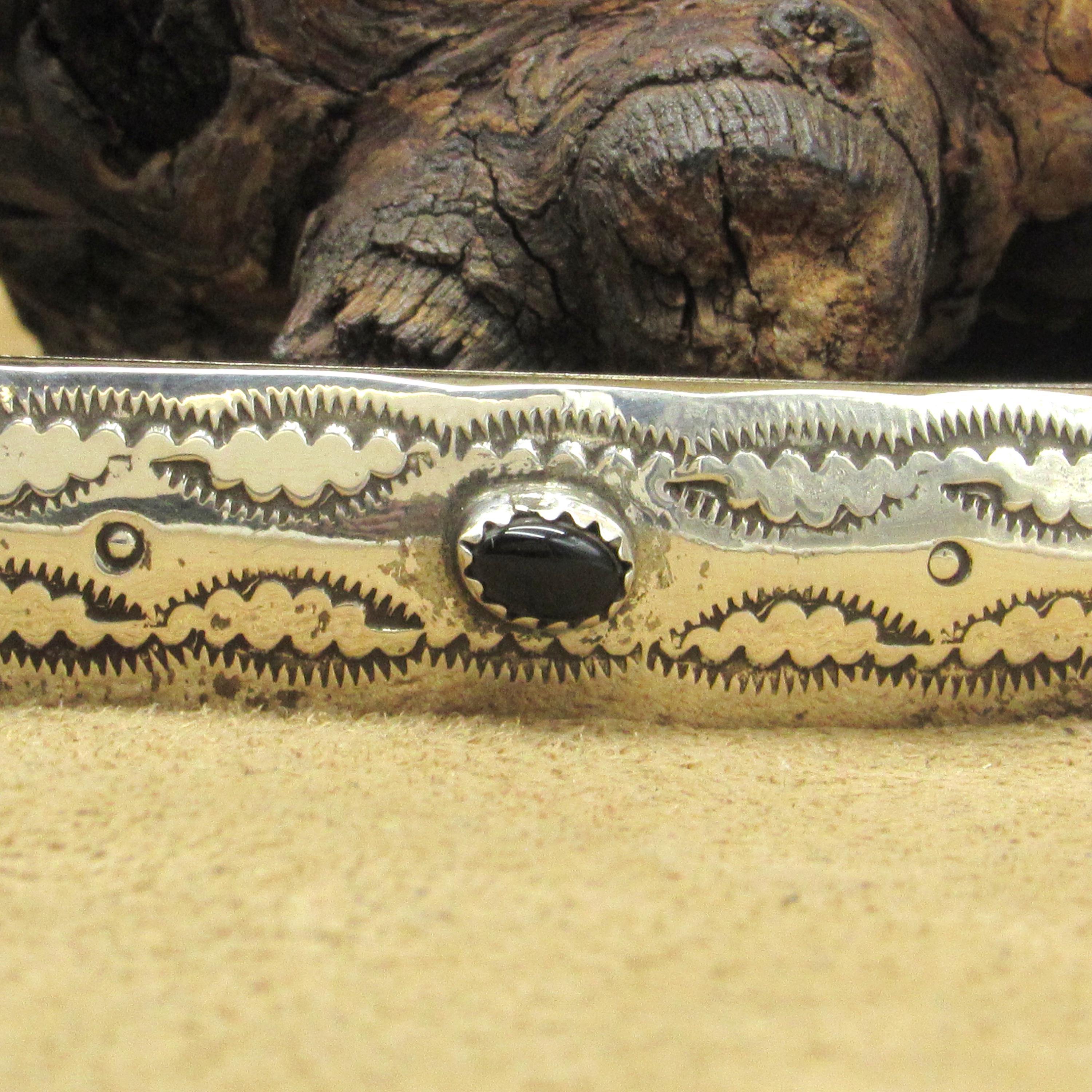 Signed Vintage Sterling Native American Onyx Stamped Hair Barrette For Women Vintage Sterling Silver Hand Stamped Hair Barrette With Onyx  main image 4