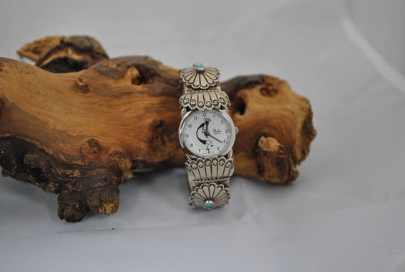 Sterling Silver Navajo Turquoise Concho Watch Cuf… - image 2