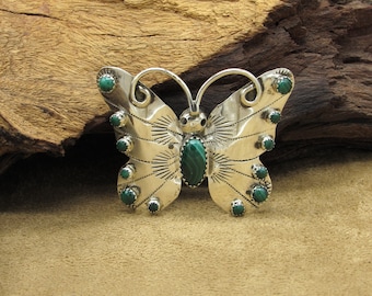 Vintage Sterling Silver Navajo Fatoya Yazzie Malachite Butterfly Pin