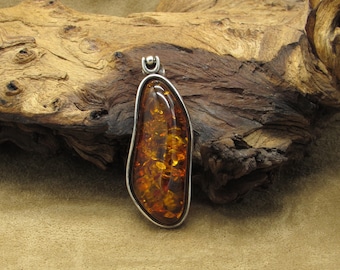 Large Asymmetrical Sterling Silver and Amber Pendant