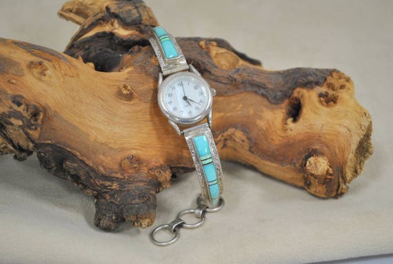 Navajo Made Inlay Turquoise, Jet and Opal Watch B… - image 6