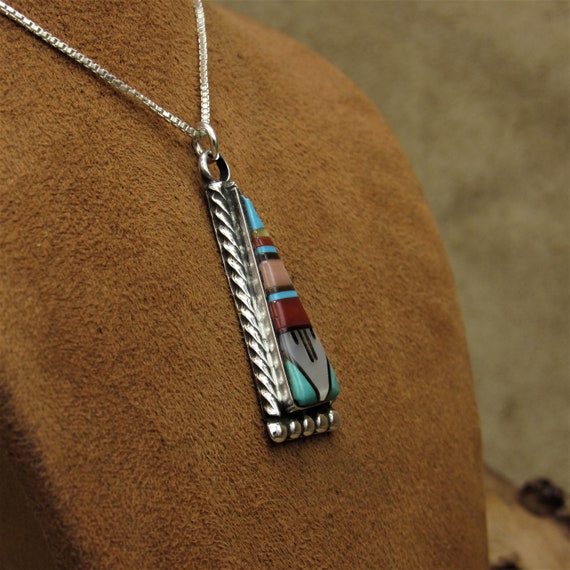 Sterling Silver Southwest Inlaid Pendant Necklace - image 4