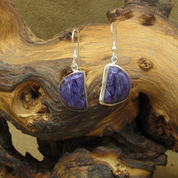 Sterling Silver Charoite Dangle Wire Earrings - image 1