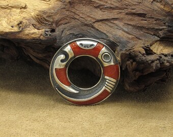 Interesting Sterling Silver Red Brown Round Pin