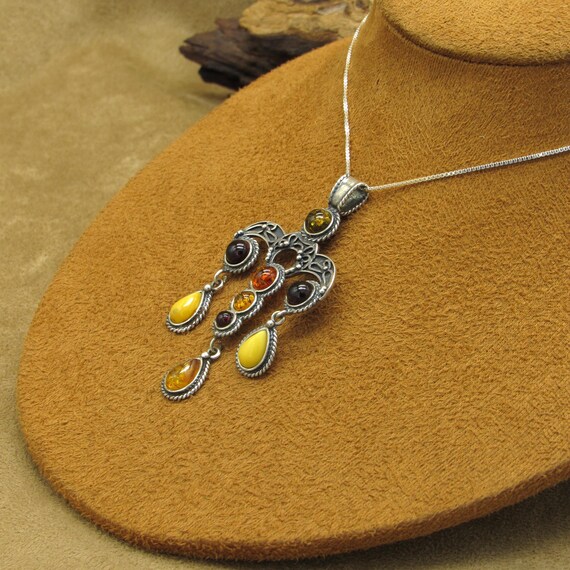 Sterling Silver Dangle Pendant Multi-Colored Ambe… - image 3
