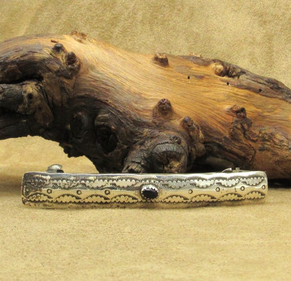 Vintage Sterling Silver Hand Stamped Hair Barrette With Onyx  display picture 3