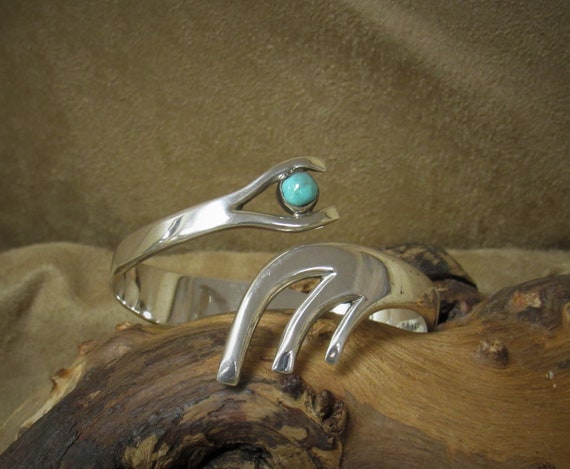 Sterling Silver and Turquoise Hinged Bangle Brace… - image 5