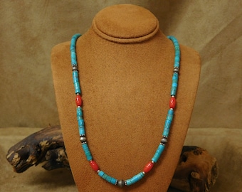 Vintage Sterling Silver Turquoise & Coral Beaded Necklace