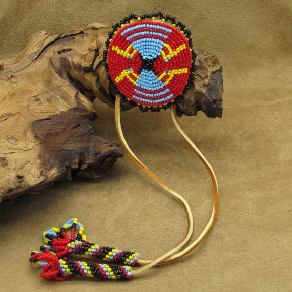 Large Beaded Shield and Leather String Fringe Cer… - image 1