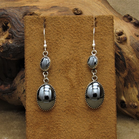 Sterling Silver and Hematite Dangle Wire Earrings - image 1