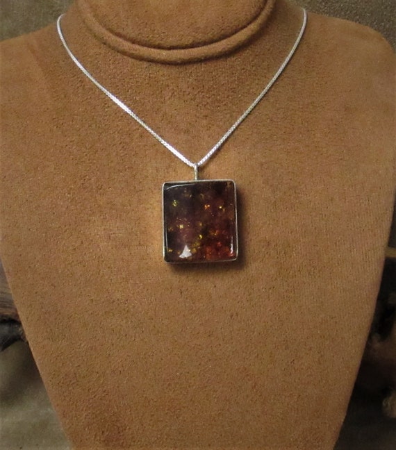Sterling Silver and Amber Rectangular Pendant Nec… - image 1