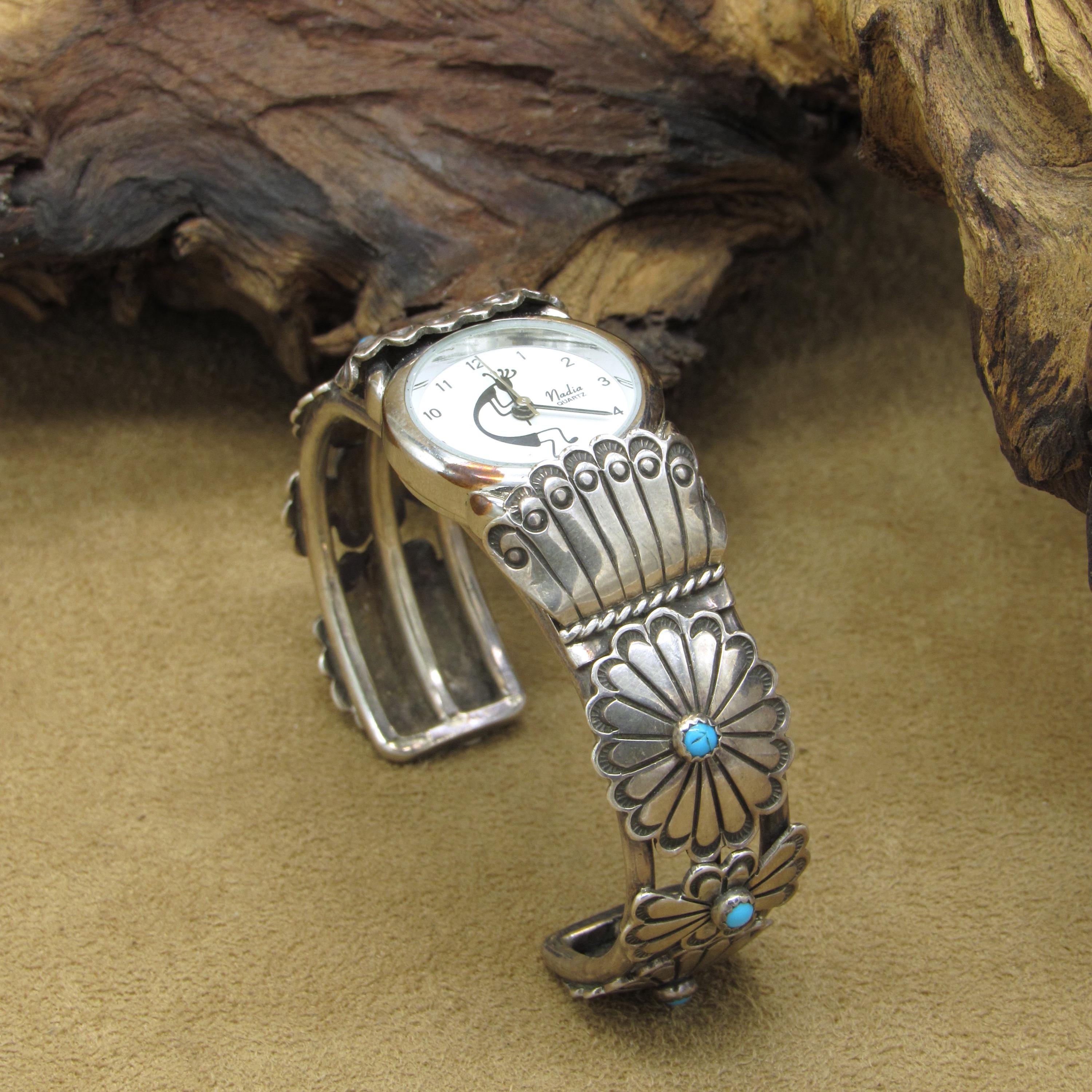 Sterling Silver Navajo Turquoise Concho Watch Cuff With Kokopelli