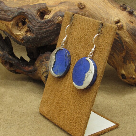 Sterling Silver and Lapis Moon Design Dangle Earr… - image 3