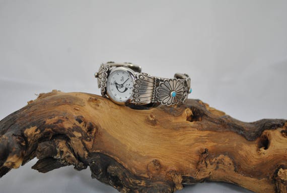 Sterling Silver Navajo Turquoise Concho Watch Cuf… - image 5