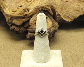 Sterling Silver Square Garnet Ring with Marcasite Accents Size 5.75