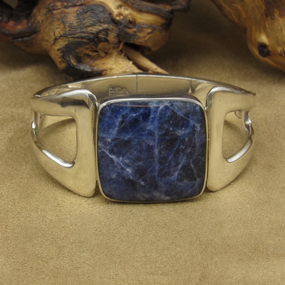 Silver and Sodalite Hinged Bangle Bracelet Taxco 9