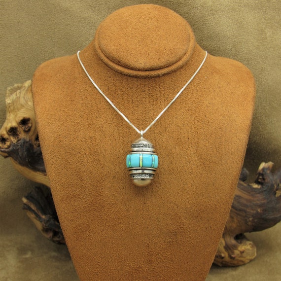 Sterling Silver Turquoise Inlaid Barrel Bead Necklace - Gem