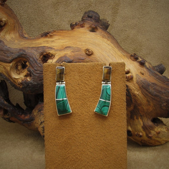 Sterling Silver Tigers Eye and Malachite Dangle P… - image 1