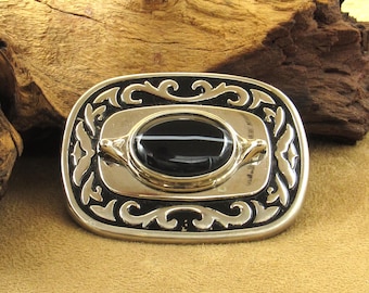 Vintage Silver Colored Metal with Black Onyx Belt Buckle