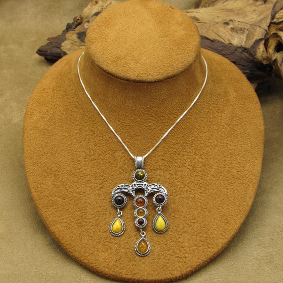 Sterling Silver Dangle Pendant Multi-Colored Ambe… - image 1