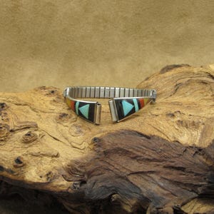 Vintage Zuni Sterling Silver Multi Stone Inlaid Watchband by  display picture 1