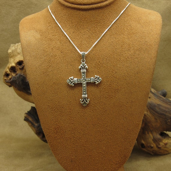 Sterling Silver and Marcasite Cross Necklace - image 1
