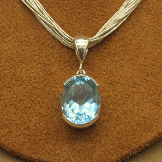 Sterling Silver Large Faceted Blue Topaz Pendant … - image 1