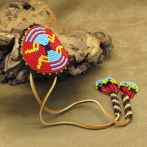 Large Beaded Shield and Leather String Fringe Cer… - image 3