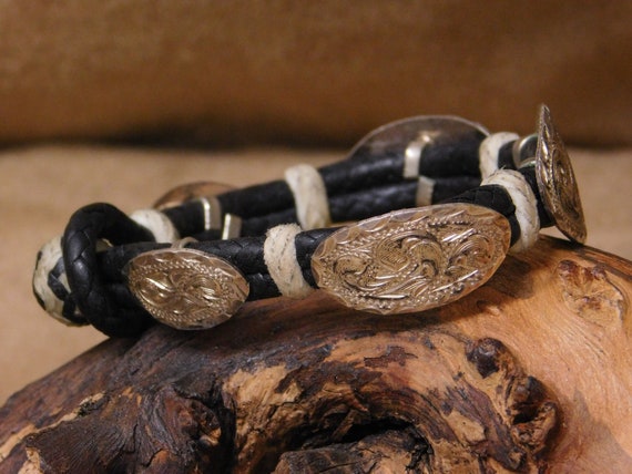 Vintage Engraved Sterling Silver and Leather Bracelet View 4