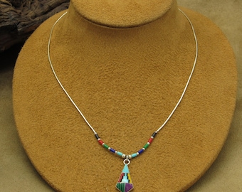 Vintage Sterling Silver Multi-Block Stone Inlay Pendant Necklace
