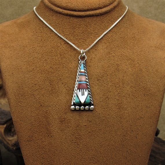 Sterling Silver Southwest Inlaid Pendant Necklace - image 1
