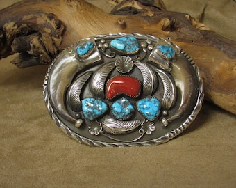 Southwest Sterling Silver, Turquoise and Coral Belt Buckle