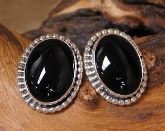 Vintage Sterling Silver Onyx Clip Earrings